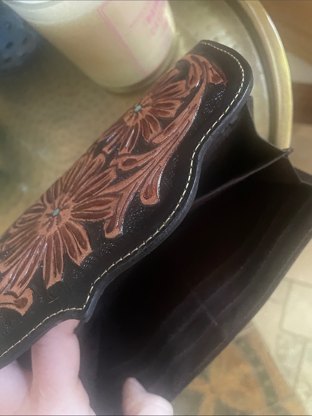 Leather Pony Fur Clutch Wallet Purse Brown Turquoise Accent Beautiful - Picture 11 of 16